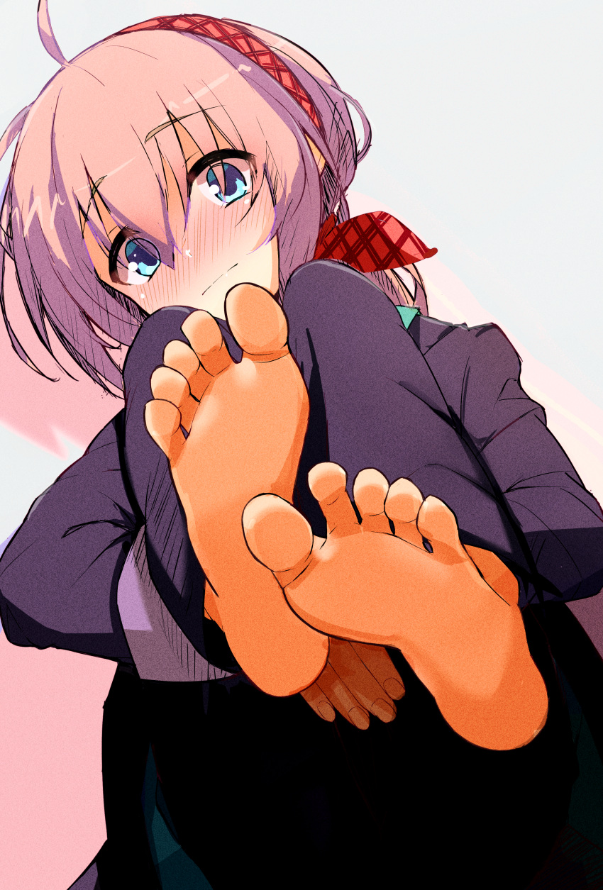 :| absurdres ahoge barefoot black_pants black_shirt blue_eyes blush brown_hair closed_mouth commentary_request drop_shadow dutch_angle embarrassed eyes_visible_through_hair feet feet_up female foot_focus full-face_blush grey_background hair_between_eyes hairband highres hugging_own_legs long_hair long_sleeves looking_at_viewer low_ponytail pants plaid_hairband red_hairband sanoba_witch school_uniform shiiba_tsumugi shirt simple_background sitting soles solo split_mouth toes user_sztx7254