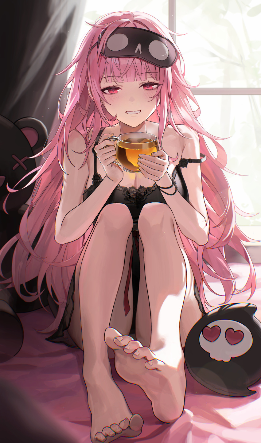 absurdres aimitkkays bare_legs bare_shoulders barefoot black_mask black_nightgown blush breasts cleavage commentary cup curtains death-sensei_(mori_calliope) feet female grin heart heart-shaped_eyes highres holding holding_cup hololive hololive_english knees_up large_breasts legs light_particles long_hair looking_at_viewer mask mask_on_head messy_hair mori_calliope mori_calliope_(sleepwear) nightgown pink_eyes pink_hair red_ribbon ribbon sitting sleep_mask smile soles solo strap_slip stuffed_animal stuffed_toy tea teddy_bear thighs toenails toes virtual_youtuber window