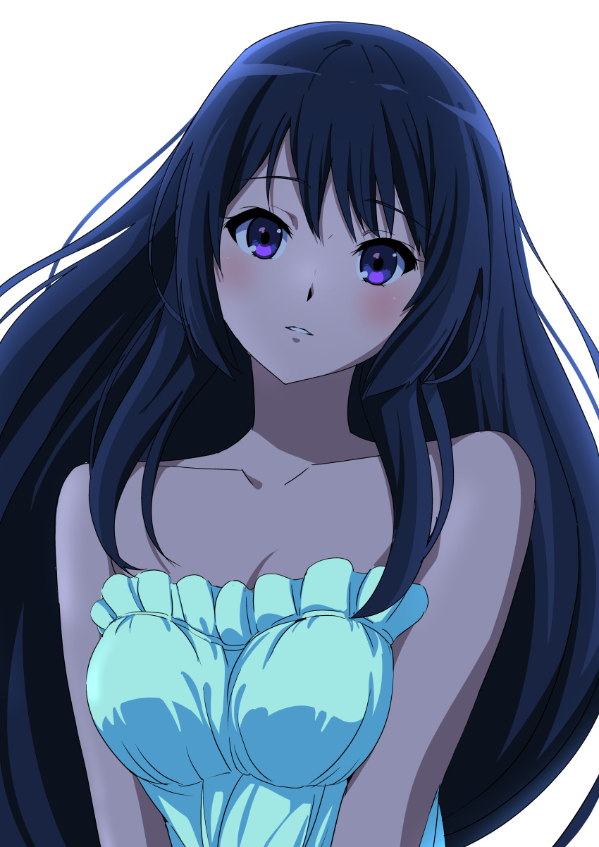 absurdres bare_shoulders black_hair blue_dress blush breasts breasts_squeezed_together cleavage commentary_request dress female frilled_dress frills hibike!_euphonium hide12862152 highres kousaka_reina long_hair medium_breasts purple_hair solo strapless strapless_dress