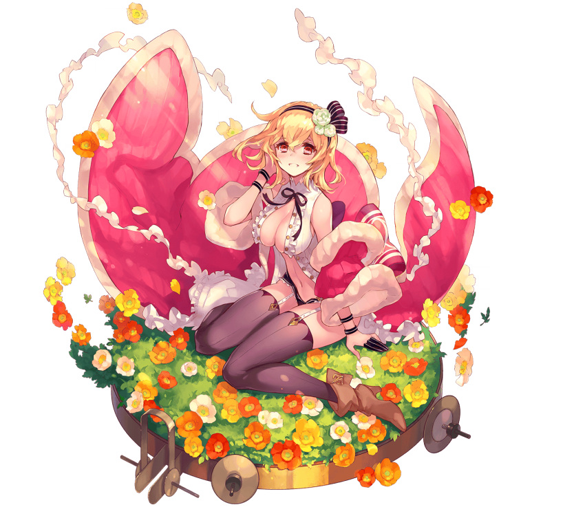 ancient_killers_(phantom_of_the_kill) blonde_hair boots breasts da-kuro eros_(phantom_of_the_kill) female field flower flower_field full_body hair_flower hair_ornament highres looking_at_viewer midriff on_floor phantom_of_the_kill red_eyes shoes sitting solo