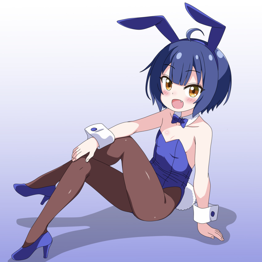 ahoge animal_ears black_pantyhose blue_background blue_footwear blue_hair blue_leotard bow bowtie brown_eyes crossed_legs detached_collar flat_chest full_body gochuumon_wa_usagi_desu_ka? gradient_background high_heels highres jouga_maya leotard oerba_yun_fang open_mouth pantyhose playboy_bunny rabbit_ears rabbit_tail sakuzo short_hair smile strapless strapless_leotard tail white_background wrist_cuffs