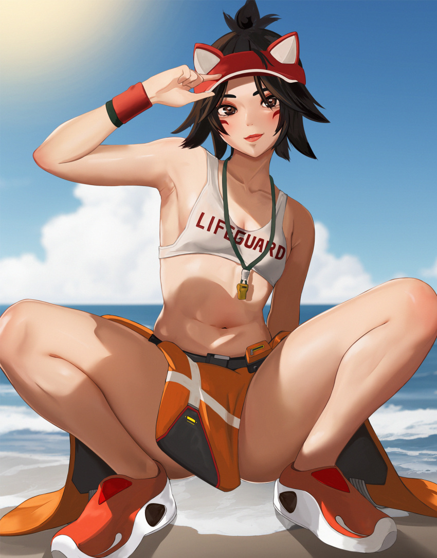 bow bowtie breasts brown_eyes collarbone female hat highres kiriko_(lifegaurd)_(overwatch) kiriko_(overwatch) lifeguard navel overwatch overwatch_2 separated_legs shirt sitting suzusiron thick_thighs thighs whistle