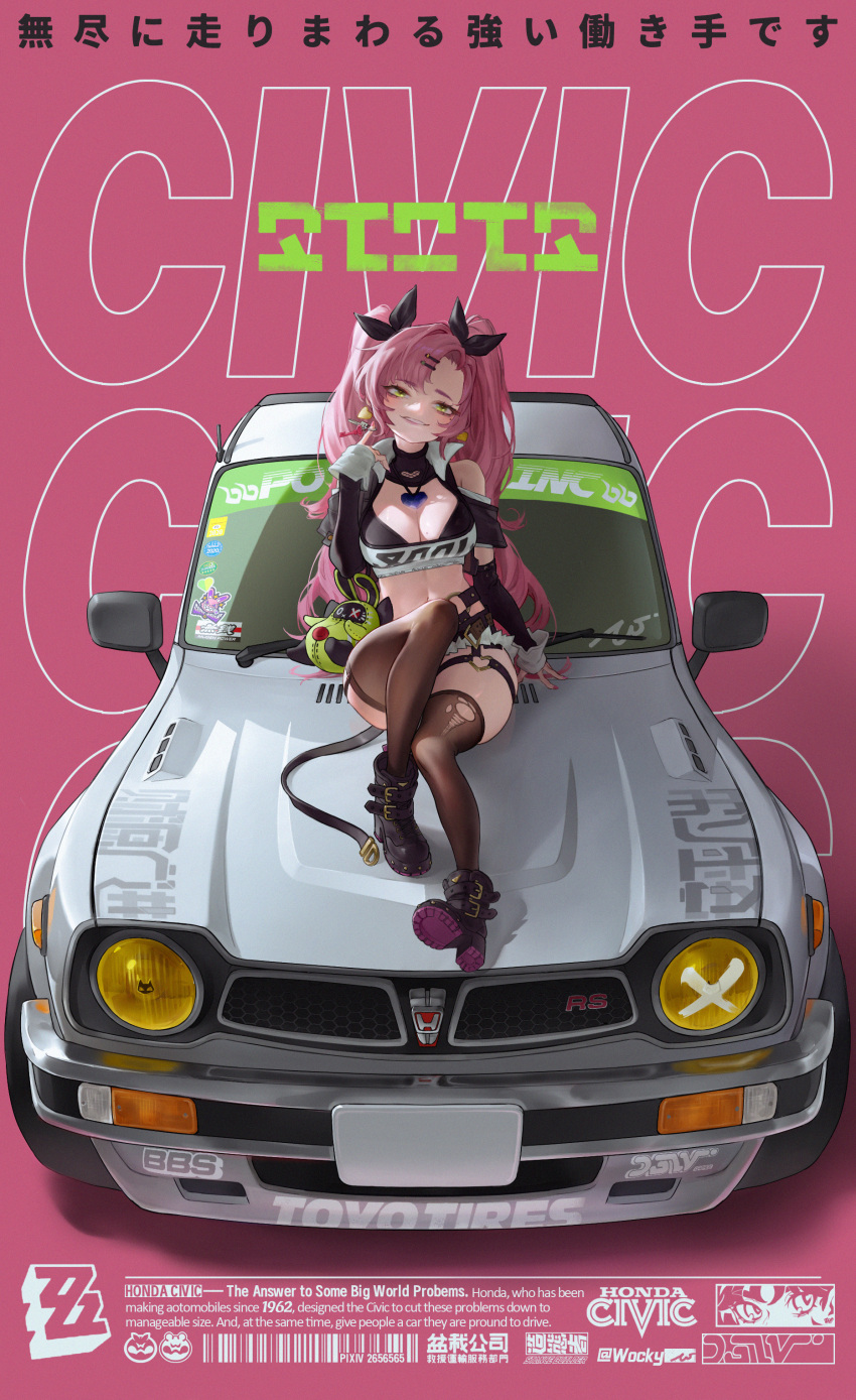 absurdres amillion_(zenless_zone_zero) black_footwear black_shorts black_sleeves breasts car cleavage clothing_cutout copyright_name crop_top cutoffs detached_sleeves english_text female full_body green_eyes hair_ornament hairpin heart heart_necklace highres holding holding_key honda honda_civic jewelry key knee_up large_breasts long_hair long_sleeves motor_vehicle navel necklace nicole_demara on_vehicle pink_background pink_hair shorts shoulder_cutout sitting solo stomach strapless thighhighs torn_clothes torn_thighhighs tube_top two_side_up vocky zenless_zone_zero