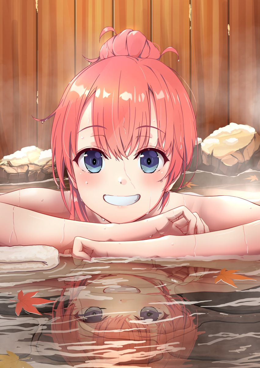 absurdres bath bathing female grin hair_bun highres leaf looking_at_viewer maple_leaf nude onsen partially_submerged reflection rock shima46 short_hair single_hair_bun smile solo teeth water wooden_wall yahari_ore_no_seishun_lovecome_wa_machigatteiru. yuigahama_yui