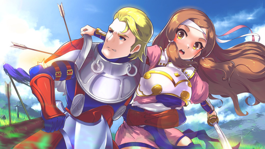 1boy armor arrow_(projectile) arthur_(fire_emblem_fates) blonde_hair blue_eyes brown_eyes brown_hair commission female fire_emblem fire_emblem_fates grey_armor hana_(fire_emblem) headband highres japanese_armor japanese_clothes keldancon long_hair samurai