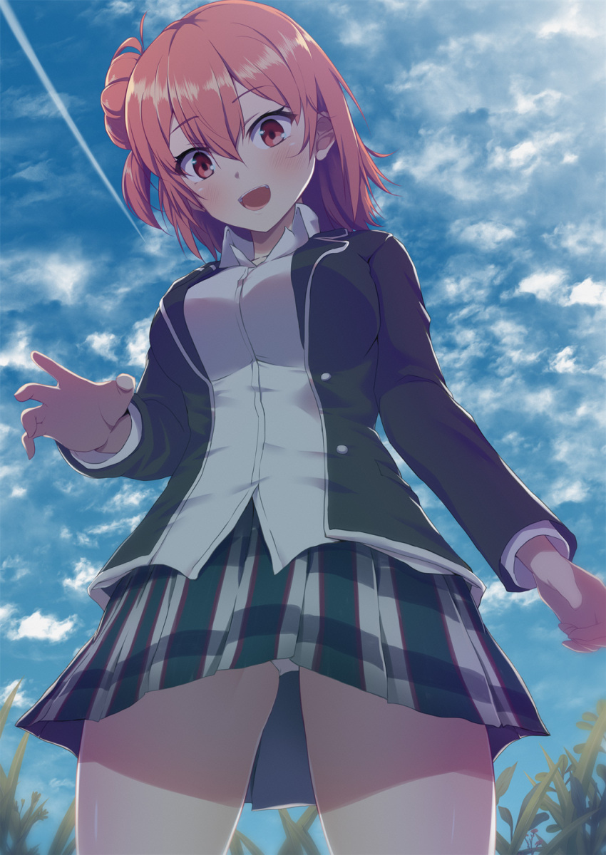 :d ashino_moto black_jacket blazer blue_eyes blue_sky blush breasts cloud day female from_below hair_between_eyes hair_bun highres jacket large_breasts looking_at_viewer neck_ribbon open_mouth panties pantyshot pink_hair plaid_clothes plaid_skirt red_ribbon ribbon school_uniform shirt short_hair single_hair_bun single_side_bun skirt sky smile sobu_high_school_uniform solo teeth tongue underwear upper_teeth_only white_panties white_shirt yahari_ore_no_seishun_lovecome_wa_machigatteiru. yuigahama_yui