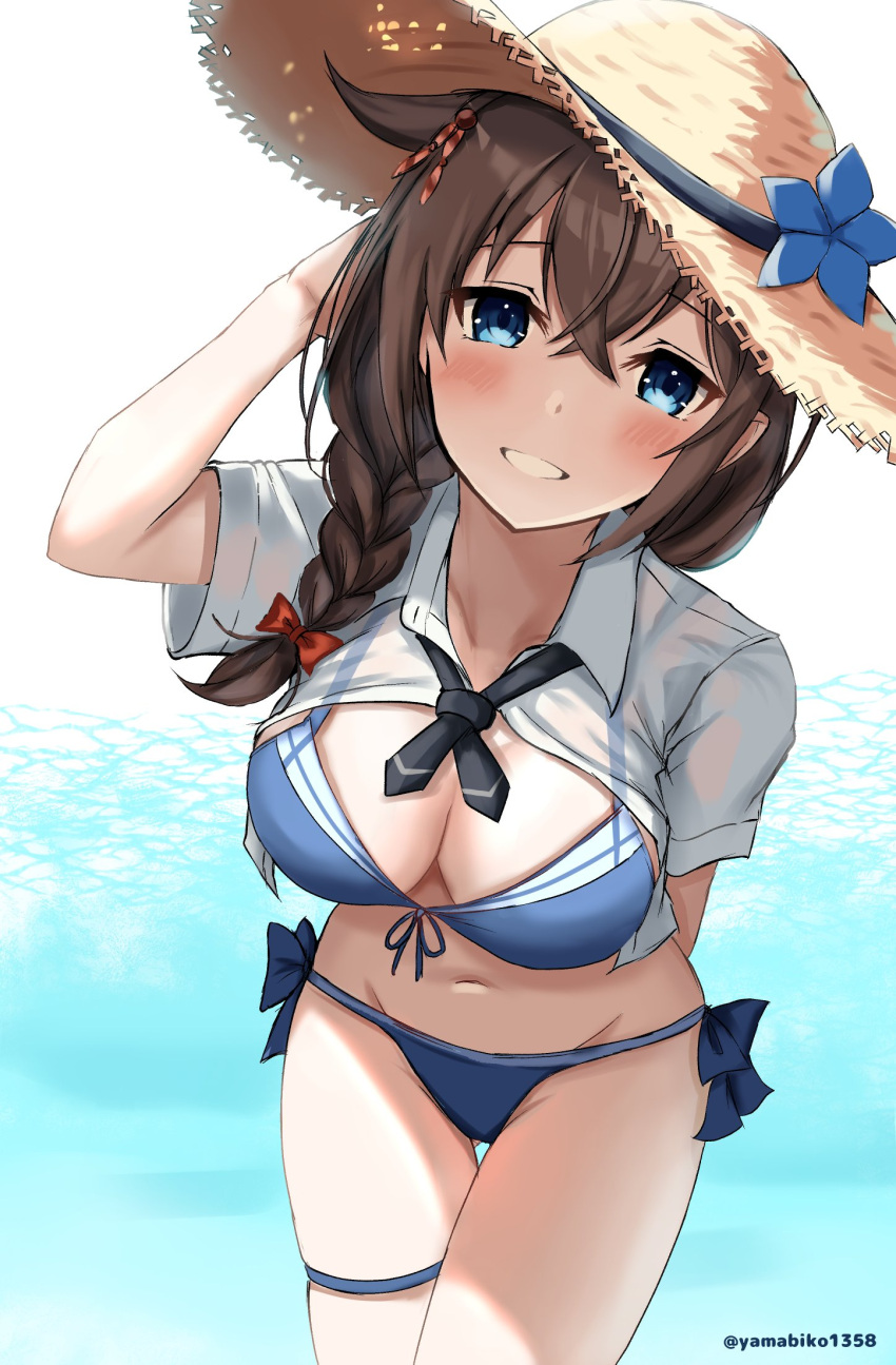 bikini black_ribbon blue_bikini blue_eyes braid breasts brown_hair brown_hat collared_shirt dress_shirt female front-tie_bikini_top front-tie_top grin groin hair_between_eyes hair_flaps hair_over_shoulder hat highres kantai_collection long_hair medium_breasts mizuki_(uzuki_no_sato) navel neck_ribbon official_alternate_costume open_clothes open_shirt ribbon shigure_(kancolle) shigure_kai_san_(kancolle) shigure_kai_san_(swimsuit)_(kancolle) shirt side-tie_bikini_bottom single_braid smile solo straw_hat sun_hat swimsuit thigh_gap white_shirt