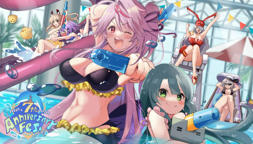 6+girls absurdres aquila_(a_sip_of_sardegnian_elegance)_(azur_lane) aquila_(azur_lane) ayanami_(azur_lane) azur_lane bikini black_bikini blush breasts closed_mouth crossed_legs frilled_bikini frills glowworm_(azur_lane) green_eyes green_hair grenville_(azur_lane) groin hat highres holding holding_water_gun javelin_(azur_lane) large_breasts long_hair manjuu_(azur_lane) multiple_girls navel official_alternate_costume one_eye_closed prinz_heinrich_(azur_lane) prinz_heinrich_(rabbit_on_watch)_(azur_lane) purple_hair red_eyes stomach swept_bangs swimsuit tonchinkan water water_gun water_slide waterpark wet white_hair white_hat