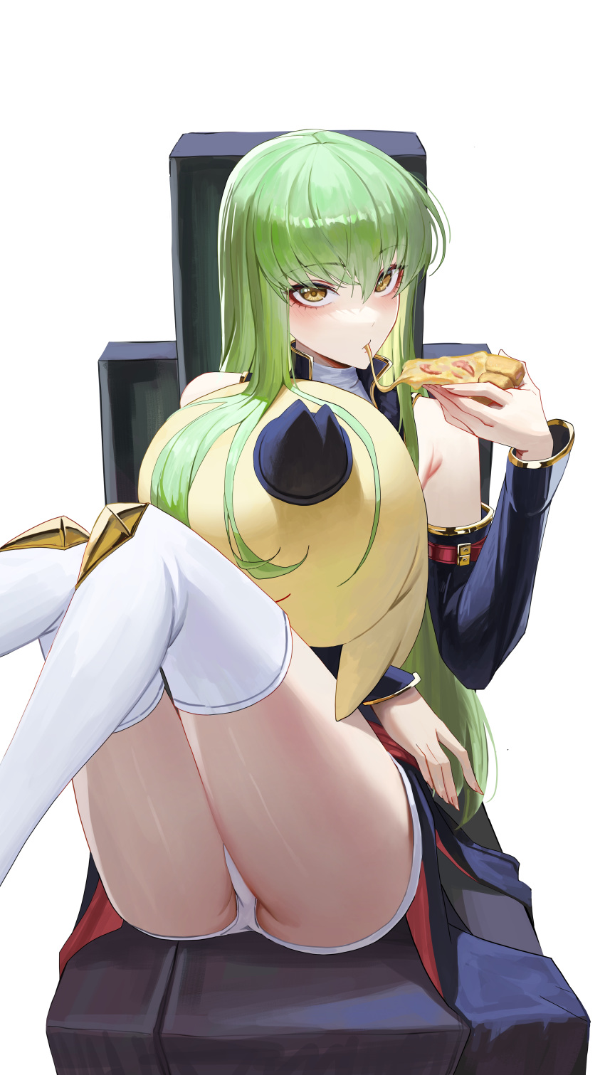 absurdres black_sleeves c.c. code_geass detached_sleeves eating eyelashes female food green_hair highres holding holding_food holding_pizza long_hair long_sleeves order_of_the_black_knights_uniform panties pizza rasipan sitting thighhighs thighs underwear white_thighhighs yellow_eyes