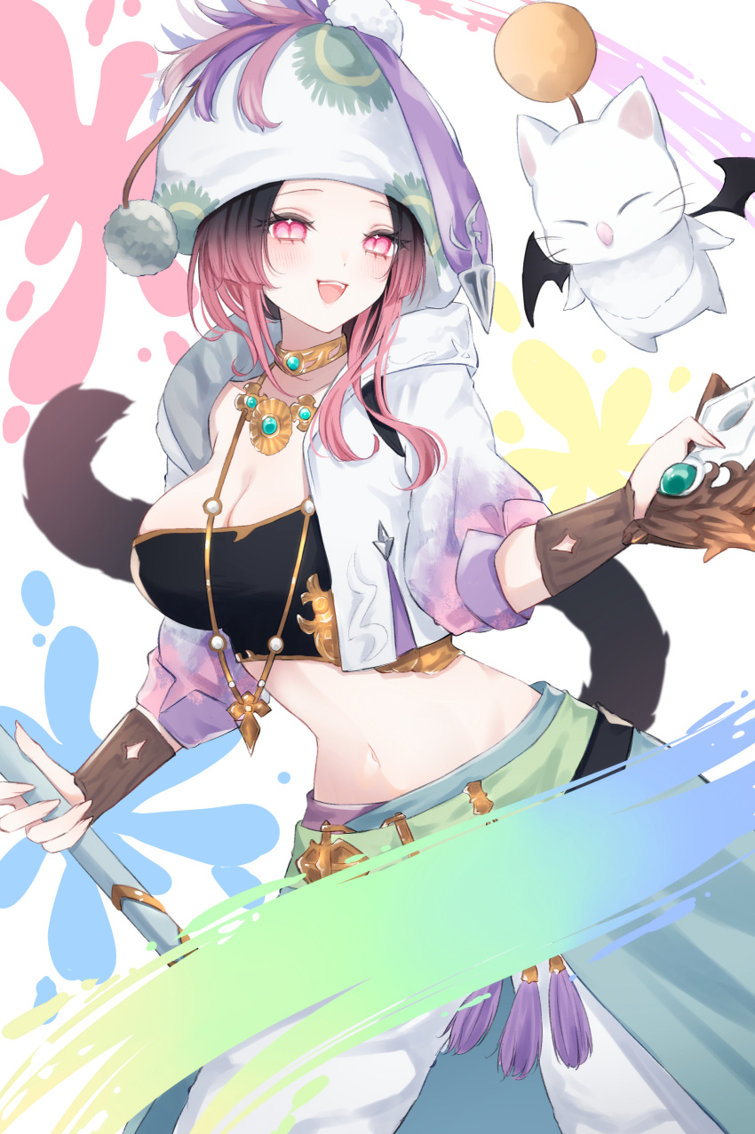 absurdres asymmetrical_sidelocks bandeau black_bandeau black_hair bracer breasts choker cleavage cropped_jacket female final_fantasy final_fantasy_xiv gradient_hair hat highres holding holding_paintbrush holding_palette jacket jewelry medium_breasts miqo'te moogle multicolored_clothes multicolored_hair multicolored_jacket navel necklace paint paintbrush palette_(object) pants pictomancer_(final_fantasy) pink_hair print_headwear purple_jacket red_eyes sana_(sanamaru_0w0) two-tone_jacket warrior_of_light_(ff14) white_hat white_jacket white_pants