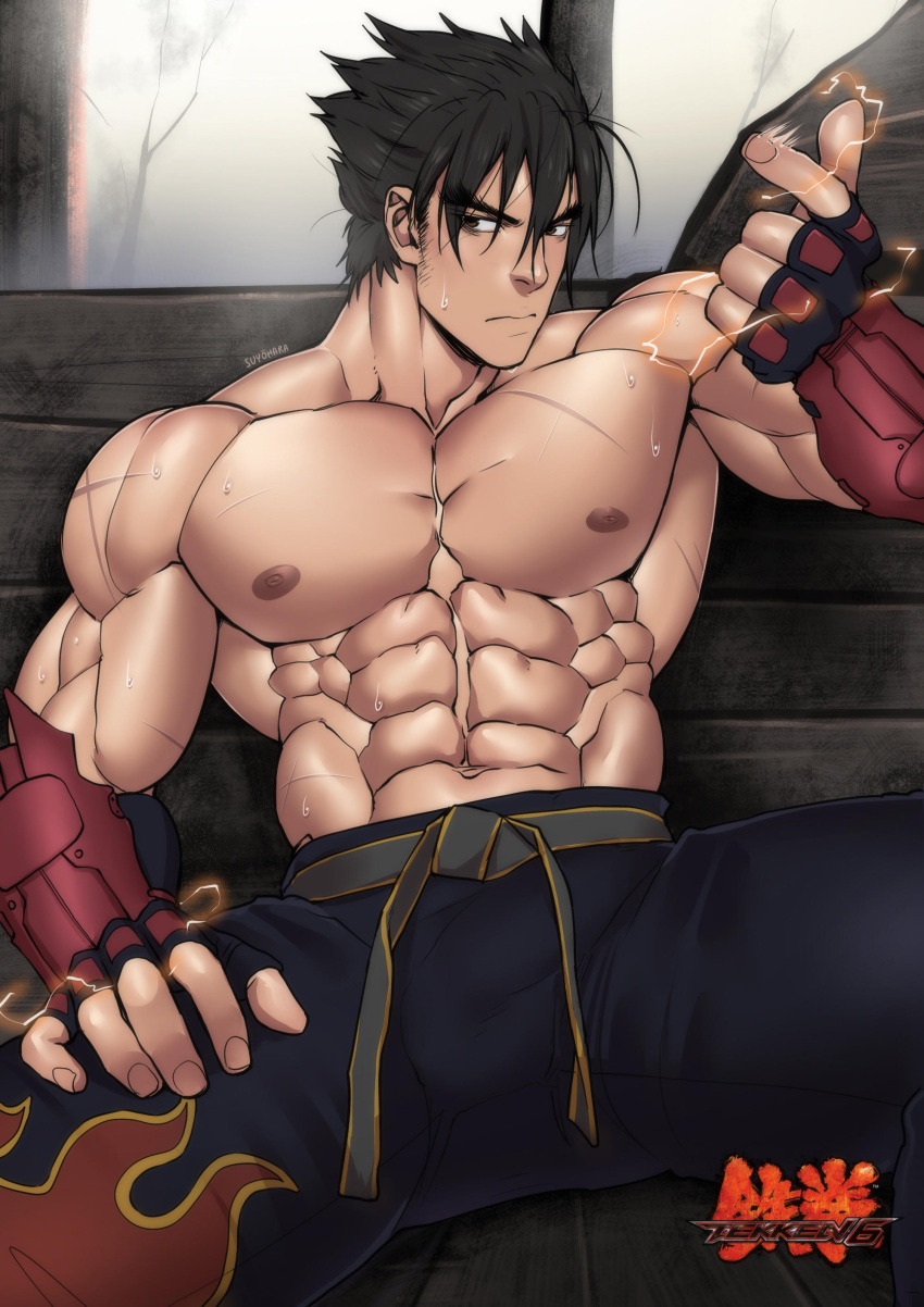 1boy abs absurdres black_eyes black_hair black_pants closed_mouth collarbone commentary elbow_gloves electricity english_commentary fingerless_gloves gloves hair_between_eyes highres kazama_jin male_focus muscular muscular_male nipples paid_reward_available pants red_gloves short_hair sitting solo sparks suyohara tekken topless_male