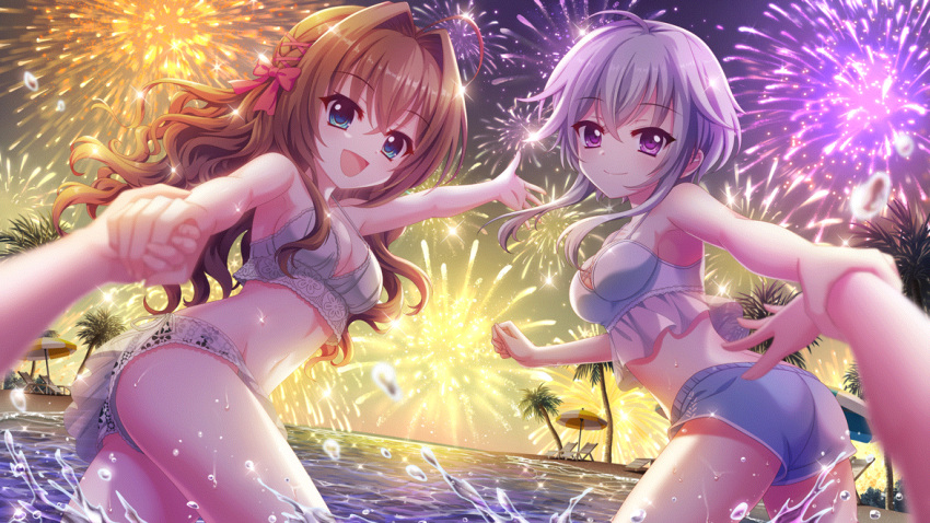 2girls :d aerial_fireworks ahoge ass beach beach_umbrella bikini bikini_shorts blue_eyes bow breasts brown_hair chair cleavage closed_mouth dot_nose film_grain fireworks game_cg grey_hair hair_intakes hair_ribbon hairbow holding_another's_wrist holding_hands horizon ichijou_ruka izumi_tsubasu long_hair looking_at_viewer lounge_chair medium_breasts multiple_girls night night_sky non-web_source ocean official_art open_mouth outdoors outstretched_arm palm_tree pov pov_hands purple_eyes re:stage! red_bow red_ribbon ribbon shikimiya_aone short_hair_with_long_locks shorts sky smile splashing swimsuit tree twisted_torso umbrella wading white_bikini