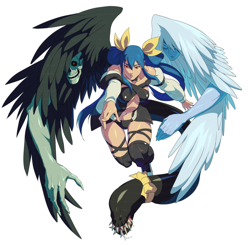 angel_wings ashensol asymmetrical_wings bare_shoulders black_choker black_thighhighs blue_hair breasts center_opening choker collarbone detached_sleeves dizzy_(guilty_gear) female guilty_gear guilty_gear_x guilty_gear_xx hair_between_eyes hair_ribbon hair_rings highres medium_breasts monster_girl navel necro_(guilty_gear) outstretched_arm red_eyes ribbon sidelocks simple_background solo tail tail_ornament tail_ribbon thick_thighs thigh_gap thigh_strap thighhighs thighs twintails undine_(guilty_gear) white_background wings yellow_ribbon