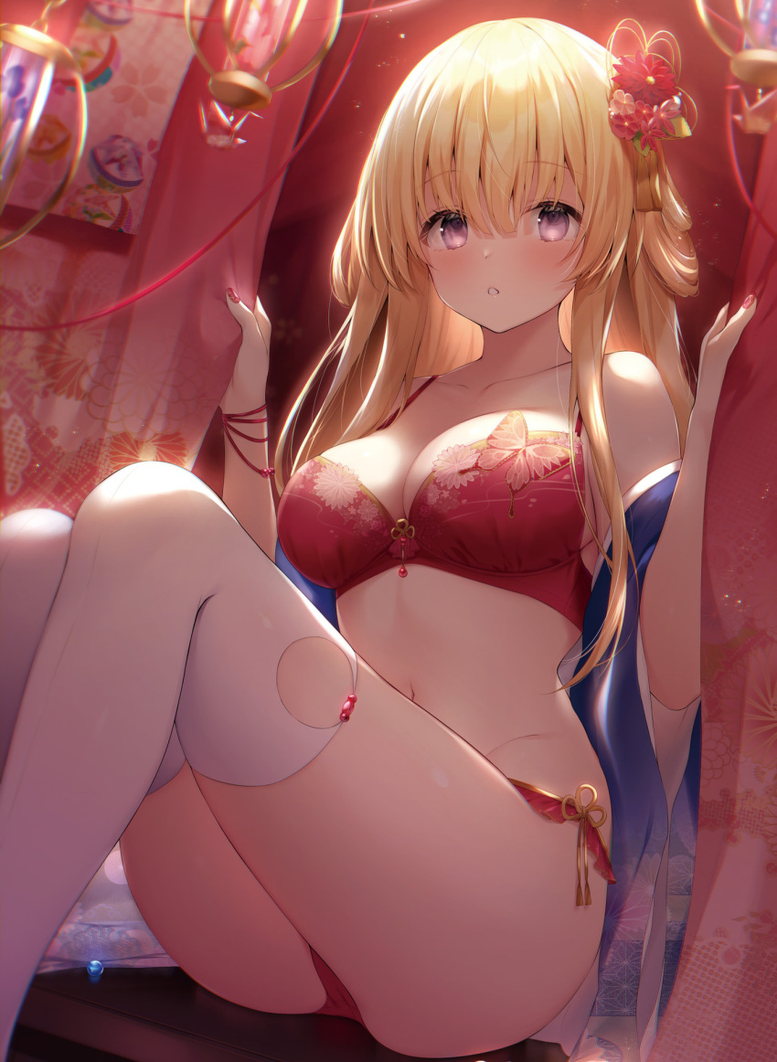 ass bare_shoulders blonde_hair blush bra breasts cleavage collarbone feet_out_of_frame female flower groin hair_flower hair_ornament hands_up highres knees_up large_breasts lingerie long_hair looking_at_viewer navel navy_(navy.blue) non-web_source off_shoulder original panties parted_lips purple_eyes red_bra red_panties sitting solo stomach string_bra thighhighs thighs underwear underwear_only white_thighhighs