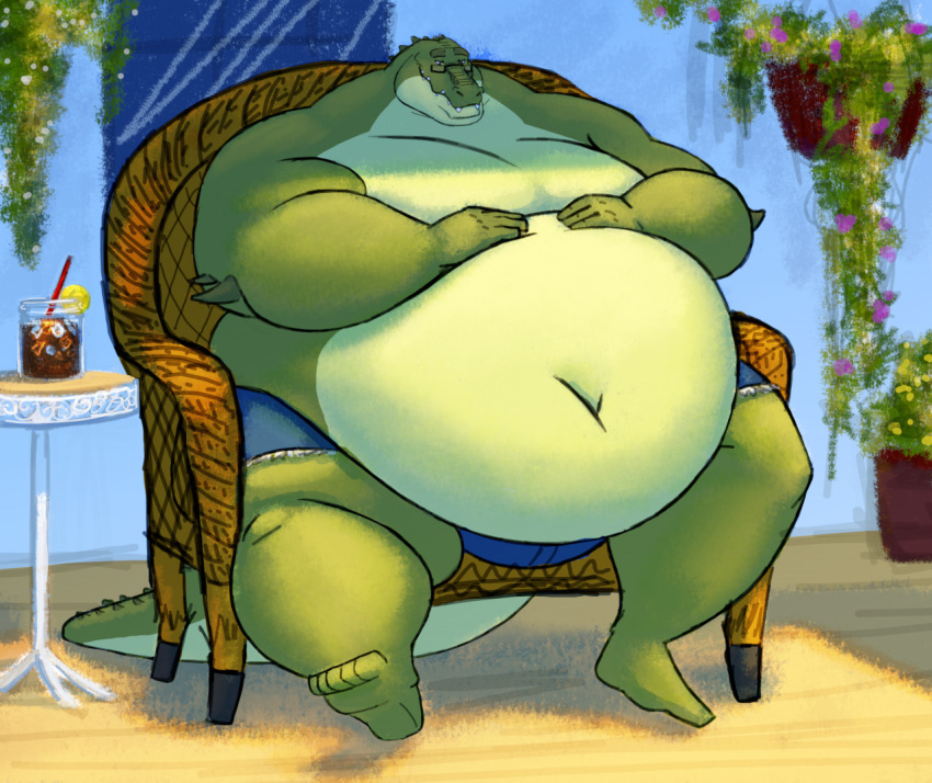 2021 alligator alligatorid anthro belly beverage big_belly bottomwear chair clothing crocodilian detailed_background dinosaur eyewear furniture glasses green_body hands_on_belly hybrid iced_tea looking_at_belly male moobs navel obese obese_anthro obese_male overweight overweight_anthro overweight_male plant_pot porch prehistoric_species reptile scalie shorts silver-stag solo table tail theropod tyrannosaurid tyrannosauroid tyrannosaurus tyrannosaurus_rex