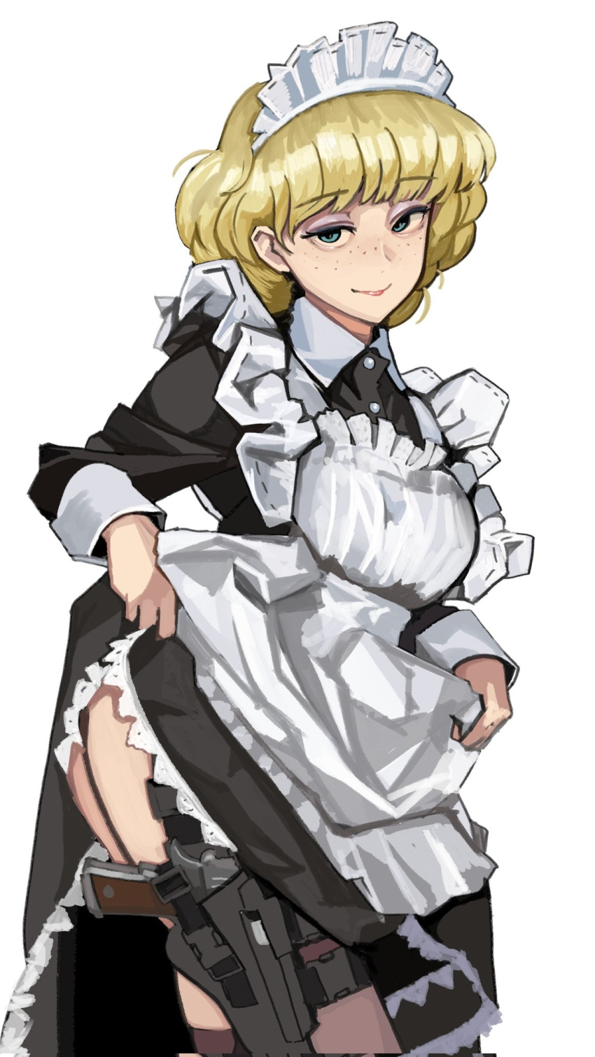 apron blonde_hair blue_eyes clothes_lift collared_dress commentary_request dress eyebrows_visible_through_hat female freckles frilled_apron frills garter_straps gun highres holster irene_sanders maid maid_apron maid_headdress short_hair solo suna_no_bara thigh_holster wani_(perfect_han) weapon white_background