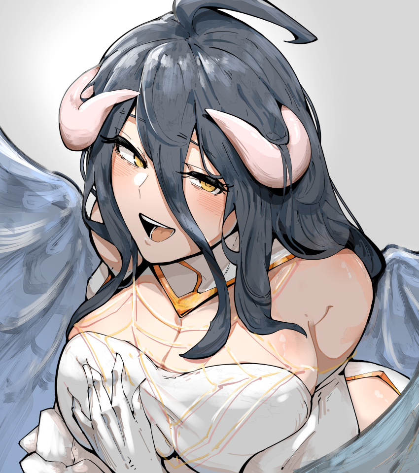 absurdres albedo_(overlord) armpit_crease azz0422 black_hair breasts cleavage commentary eyelashes female gloves grey_background hair_between_eyes highres horns large_breasts long_hair open_mouth overlord_(maruyama) smile solo teeth white_gloves wings yellow_eyes