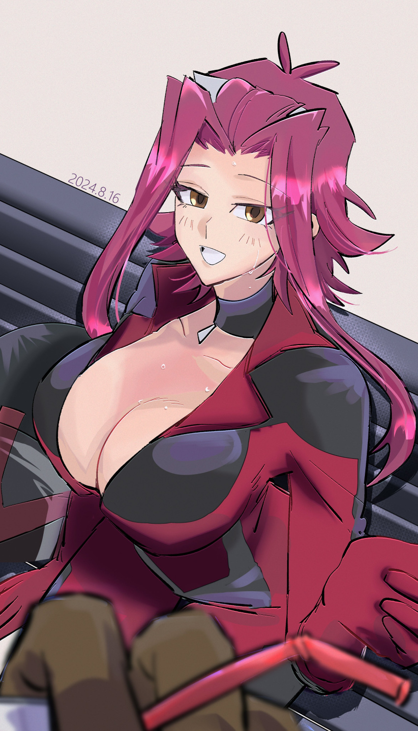 1boy absurdres bibiri_(r42r98r) blurry blurry_foreground bodysuit breasts brown_eyes brown_gloves cleavage dated female fudo_yusei gloves helmet highres izayoi_aki large_breasts looking_at_viewer pov red_bodysuit red_hair sitting solo_focus unworn_headwear unworn_helmet yu-gi-oh! yu-gi-oh!_5d's