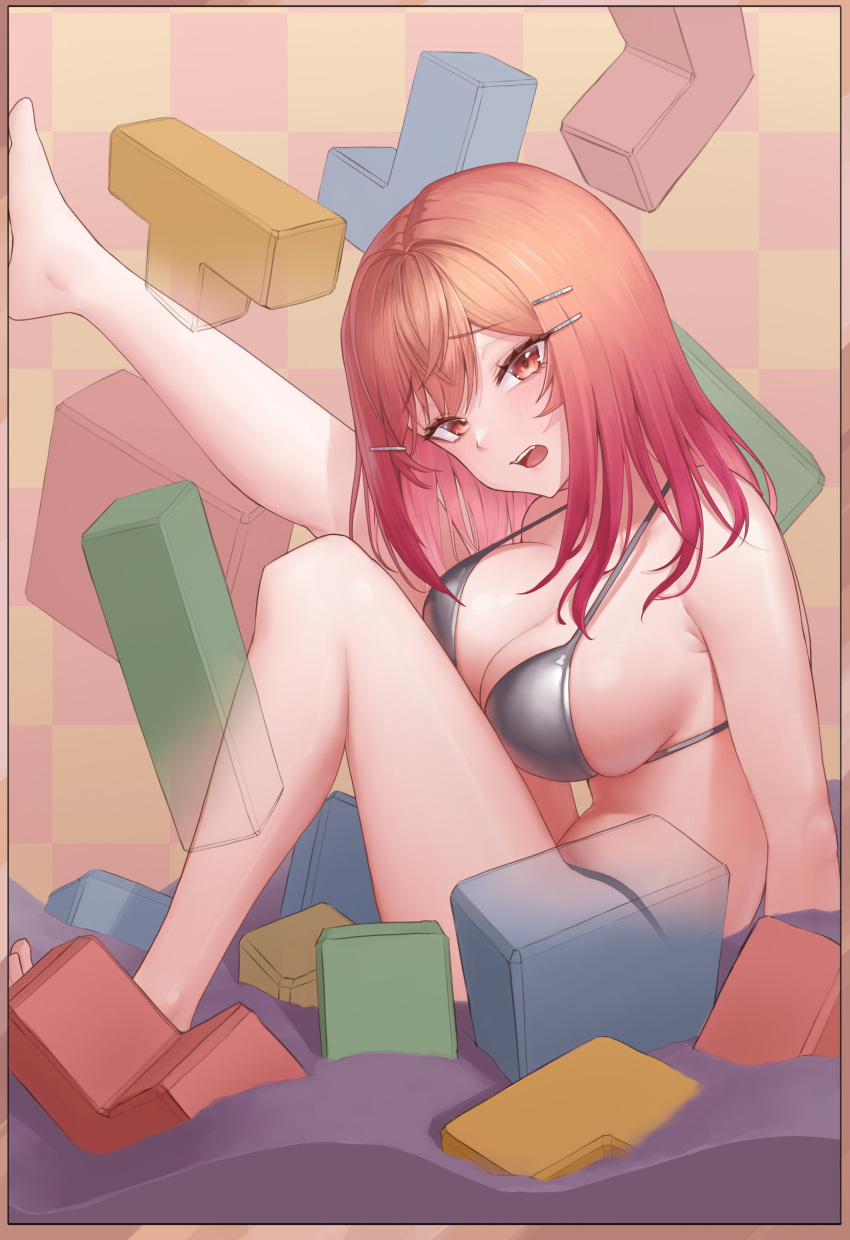 absurdres ahoge barefoot bikini block_(object) blush breasts checkered_background cleavage female furrowed_brow hair_ornament hairclip highres hololive hololive_dev_is ichijou_ririka knee_up large_breasts leg_up long_hair looking_at_viewer open_mouth orange_eyes orange_hair sand silver_bikini sitting solo steelball_(jwk76806995) swimsuit teeth tetris upper_teeth_only virtual_youtuber