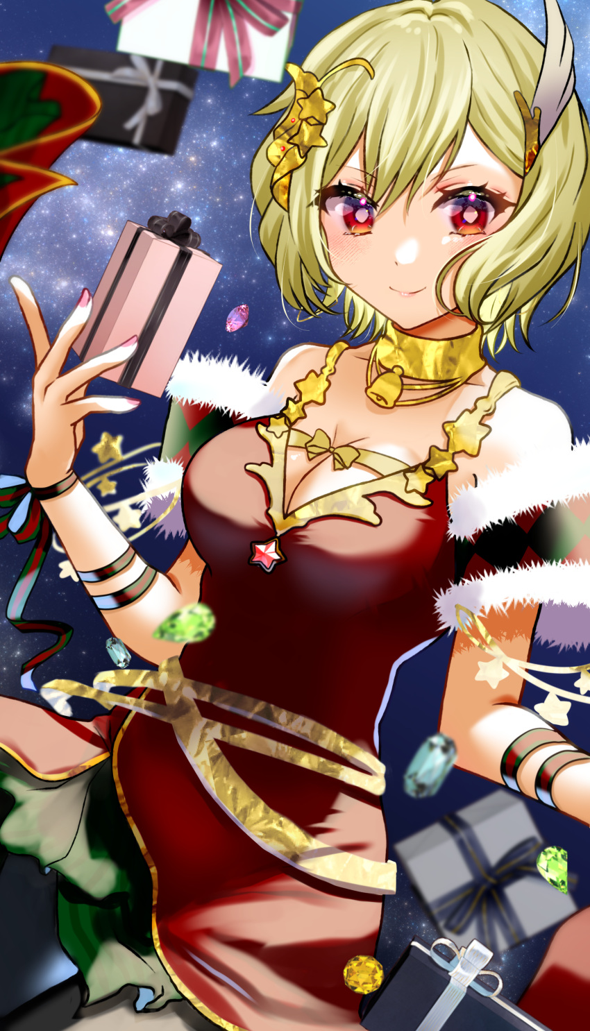 absurdres blonde_hair breasts brown_dress citrinne_(fire_emblem) cleavage dress feather_hair_ornament feathers female fire_emblem fire_emblem_engage gift gold_choker gold_trim hair_ornament hairband highres holding holding_gift leather_wrist_straps looking_at_viewer medium_breasts mu_tu_bu red_eyes solo two-tone_hairband upper_body wing_hair_ornament