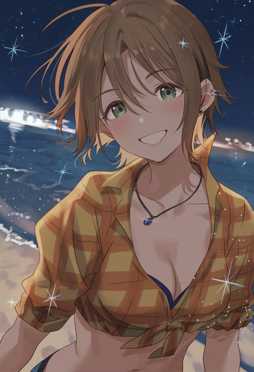 absurdres arms_at_sides beach bikini bikini_under_clothes birthday blue_bikini blush breasts brown_hair cleavage clenched_teeth collarbone collared_shirt commentary_request dot_nose ear_piercing earrings emu_(emum) female green_eyes head_tilt highres idolmaster idolmaster_cinderella_girls jewelry kimura_natsuki long_bangs looking_at_viewer medium_breasts navel night night_sky ocean official_alternate_costume official_alternate_hairstyle open_mouth orange_shirt outdoors pendant piercing plaid_clothes plaid_shirt sand shirt short_hair short_sleeves sidelocks sky smile solo sparkle standing star_(sky) straight_hair swept_bangs swimsuit teeth tied_shirt upper_body water