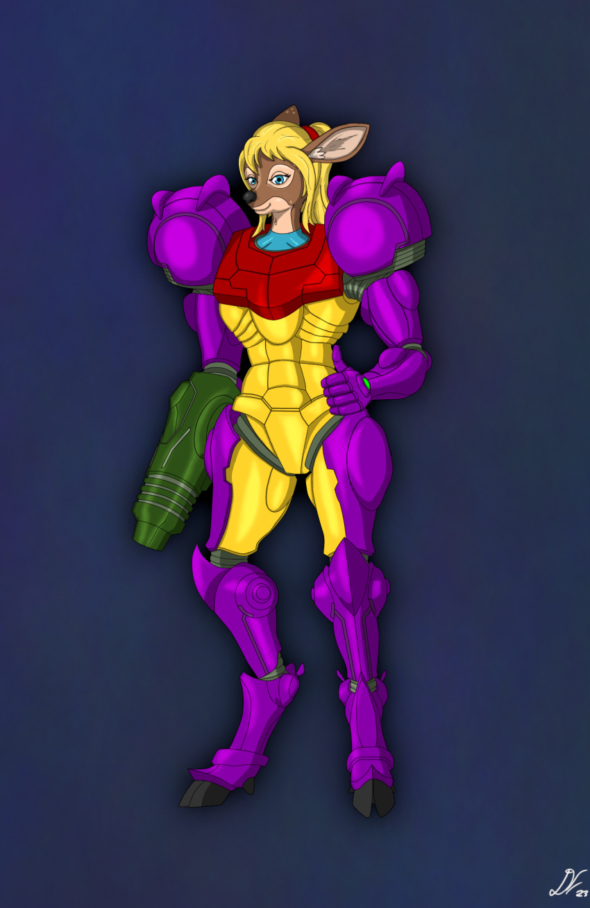 armor blonde_hair cannon crossover deer dephacious female gravity_suit hair hi_res mammal metroid nintendo ranged_weapon samus_aran simple_background solo super_metroid weapon