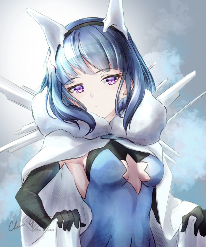 absurdres bad_id bad_twitter_id black_gloves blue_dress blue_hair blunt_bangs breasts breasts_apart brown_hair cape capelet clear_glass_(mildmild1311) cleavage_cutout closed_mouth clothing_cutout commentary_request dress elbow_gloves expressionless female fire_emblem fire_emblem_heroes fur-trimmed_cape fur-trimmed_capelet fur_trim gloves hair_ornament highres looking_at_viewer medium_breasts nifl_(fire_emblem) purple_eyes short_sleeves sidelocks signature sleeveless sleeveless_dress solo twitter_username upper_body white_cape white_capelet