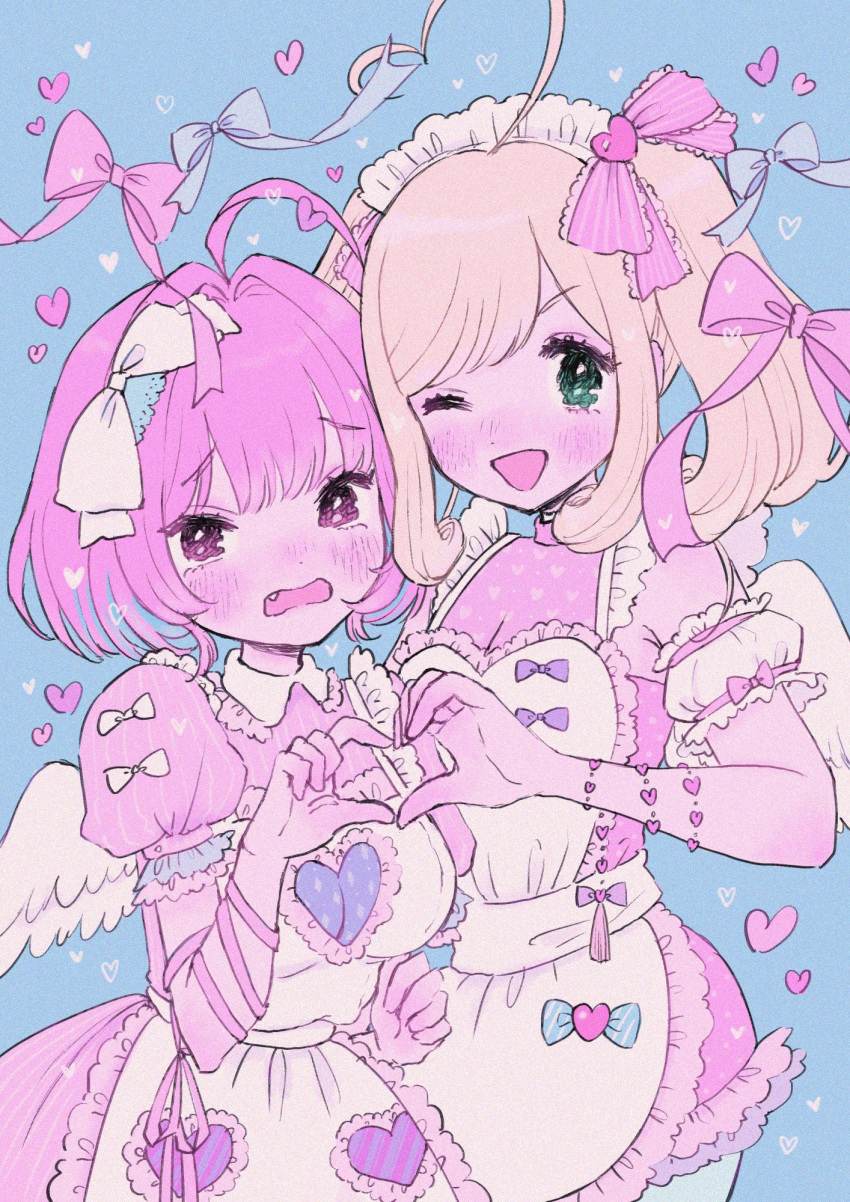 2girls ahoge angel_wings apron arm_ribbon bad_id bad_twitter_id blonde_hair blue_background blue_hair blush bow cleavage_cutout clothing_cutout collarbone detached_sleeves dress frilled_shirt_collar frilled_sleeves frills green_eyes hairbow heart heart_apron heart_hands heart_hands_duo highres idolmaster idolmaster_cinderella_girls looking_at_viewer maid_headdress maumauma_mau multicolored_hair multiple_girls oerba_yun_fang one_eye_closed open_mouth pink_dress pink_eyes pink_hair puffy_detached_sleeves puffy_short_sleeves puffy_sleeves ribbon sato_shin short_hair short_sleeves smile twintails two-tone_hair wings yumemi_riamu