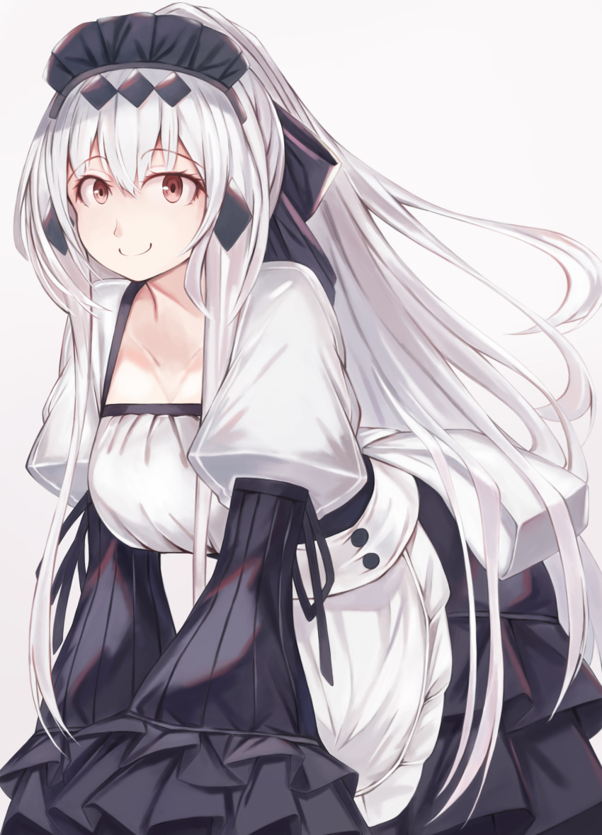 absurdres abyssal_ship aircraft_carrier_water_oni alternate_costume apron beisaku_bei black_dress breasts collarbone dress enmaided female frilled_apron frilled_sleeves frills highres kantai_collection large_breasts long_hair long_sleeves maid maid_apron maid_headdress pale_skin red_eyes smile solo very_long_hair waist_apron white_apron white_hair