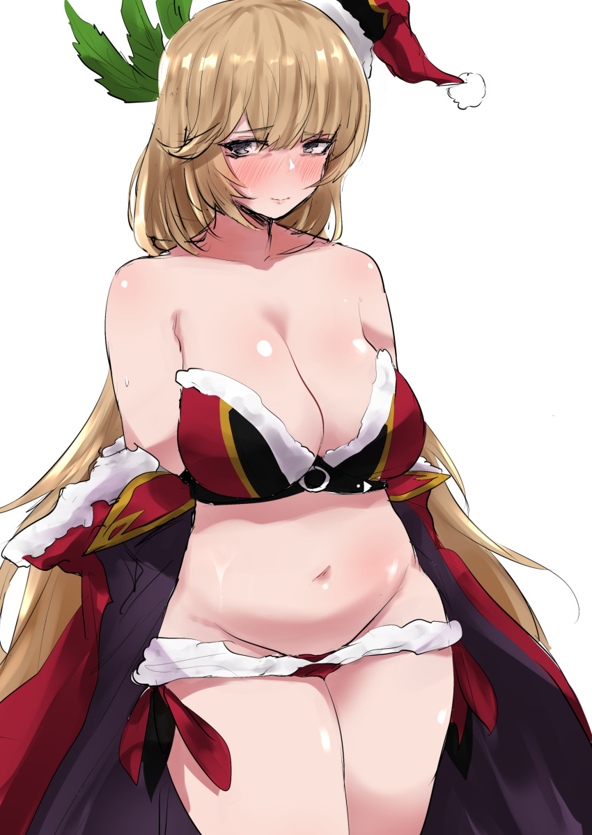 absurdres alternate_costume bare_shoulders belly bikini blonde_hair blush breasts cape clarisse_(granblue_fantasy) clarisse_(granblue_fantasy)_(cosplay) cleavage closed_mouth collarbone cosplay female fur-trimmed_bikini fur-trimmed_cape fur_trim granblue_fantasy highres large_breasts lips long_hair looking_at_viewer mature_female navel promethea_(granblue_fantasy) ricochet-gou santa_bikini simple_background solo sweatdrop swimsuit very_long_hair white_background