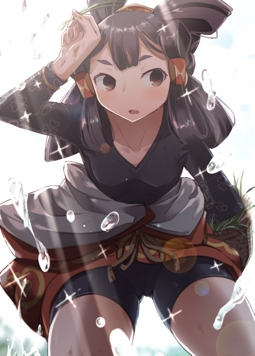 arm_up basket bike_shorts black_hair black_thighhighs farming female food grass hand_on_own_head hand_up highres looking_to_the_side mishima_hiroji mizura mud open_mouth rice sakuna-hime sky solo sweat sweatdrop tensui_no_sakuna-hime thighhighs thighs tied_hair vegetable water water_drop working