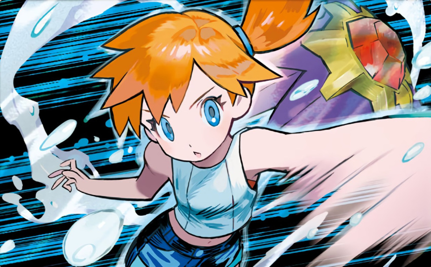 blue_eyes blue_shorts breasts creature denim denim_shorts diagonal-striped_background diagonal_stripes eyelashes female gen_1_pokemon kasumi_(pokemon) looking_at_viewer midriff navel official_art orange_hair pokemon pokemon_(creature) pokemon_(game) pokemon_lgpe pokemon_trading_card_game shirt short_hair shorts side_ponytail sleeveless sleeveless_shirt small_breasts starmie striped striped_background tied_hair tokiya white_shirt