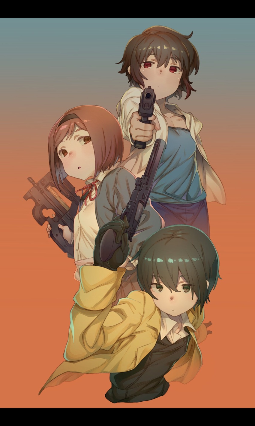 3girls assault_rifle black_eyes black_hair brown_eyes brown_hair bullpup coat collagen dress_shirt expressionless famas formal gloves gradient gradient_background gun gunslinger_girl hairband handgun henrietta_(gunslinger_girl) kino kino_no_tabi looking_at_viewer multiple_girls noir pistol red_eyes revolver ribbon rifle school_uniform shirt shorts suit tanktop tomboy weapon yuumura_kirika