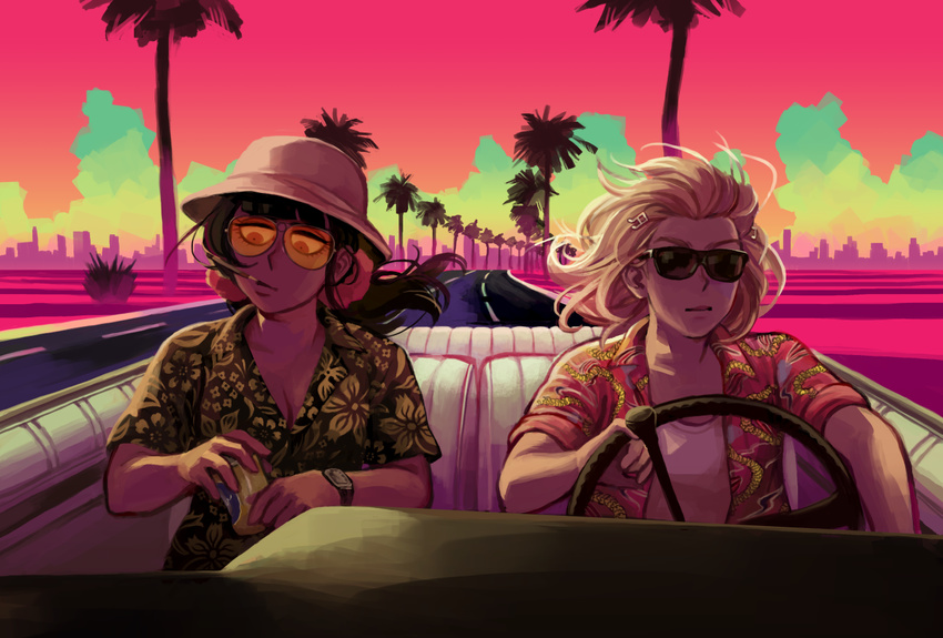 2girls akamatsu_kaede alternate_costume ballooncar beamed_semiquavers beer_can black_hair blonde_hair bucket_hat can car cigarette convertible cosplay danganronpa driving fear_and_loathing_in_las_vegas ground_vehicle harukawa_maki hat hawaiian_shirt hunter_s_thompson hunter_s_thompson_(cosplay) looking_down motor_vehicle multiple_girls musical_note musical_note_hair_ornament new_danganronpa_v3 palm_tree parody raoul_duke raoul_duke_(cosplay) scrunchie shirt smoking sunglasses sunset tied_hair tree twintails vehicle watch