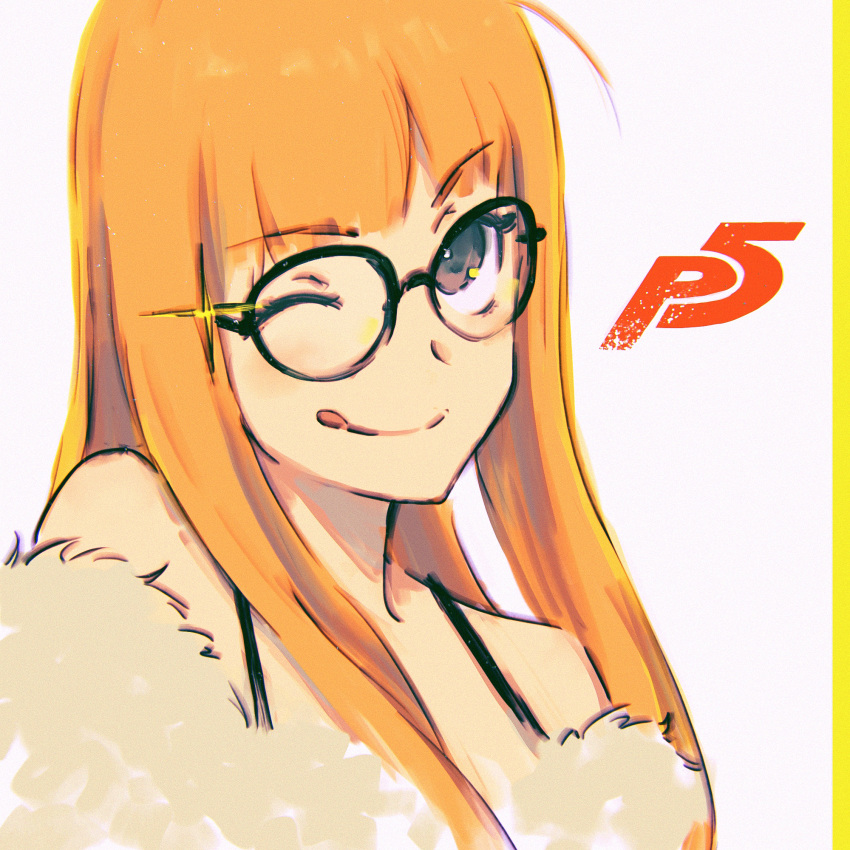 bare_shoulders blush brown_eyes commentary_request female fur_trim glasses highres jinkkap logo long_hair one_eye_closed orange_hair persona persona_5 sakura_futaba smile sparkle strap tongue tongue_out white_background