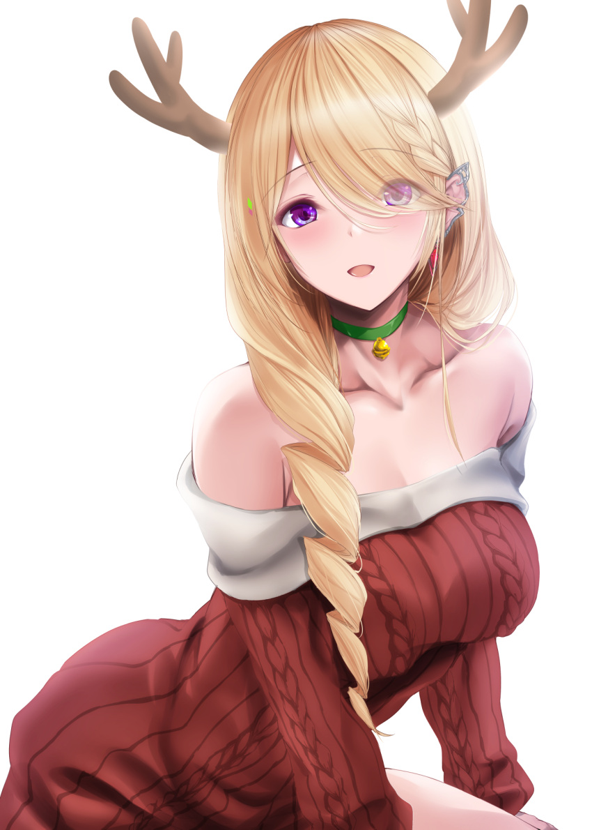 aki_rosenthal alternate_costume antlers blonde_hair braid braided_ponytail breasts choker cleavage female fur-trimmed_sweater fur_trim green_choker hair_over_one_eye highres hololive horns large_breasts long_hair looking_at_viewer maho_(yakimorokoshi) open_mouth purple_eyes red_sweater reindeer_antlers smile solo sweater swept_bangs virtual_youtuber