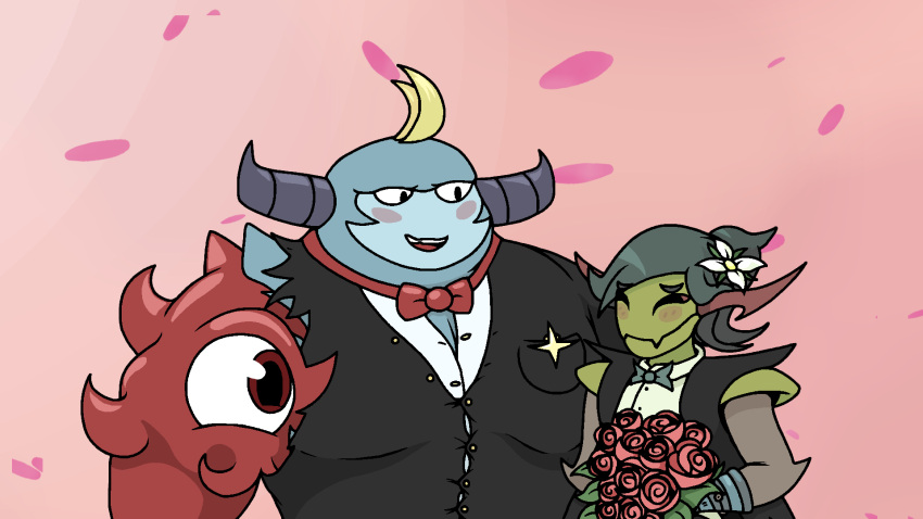 16:9 accessory animal_humanoid anthro arm_spikes arthropod arthropod_humanoid black_clothing black_sclera black_tie_(suit) blonde_hair blue_body blue_skin blush bouqet bow_tie clothed clothing duo fangs flower flower_in_hair golan_(meg's_monster) green_body green_hair green_skin hair hair_accessory head_tuft hi_res horn humanoid insect_humanoid insects looking_at_another male meg's_monster monster mouth_closed multicolored_body open_mouth open_smile petals pink_background pink_petals plant ponytail prosthetic prosthetic_limb red_flower roy_(meg's_monster) shoulder_eye shoulder_pads shoulder_spikes simple_background smile smiling_at_another smiling_at_each_other smiling_at_partner somedutchweirdo spikes spikes_(anatomy) suit teeth tongue tuft unusual_arms white_flower widescreen