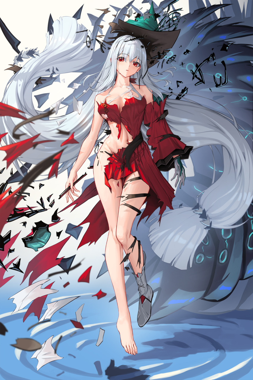 absurdly_long_hair aqua_headwear arknights bare_legs bare_shoulders boots bowlp breasts cleavage commentary_request detached_sleeves dress female full_body grey_hair highres long_hair long_sleeves looking_at_viewer medium_breasts navel red_dress red_eyes single_boot skadi_(arknights) skadi_the_corrupting_heart_(arknights) solo stomach thighs torn_clothes torn_dress very_long_hair white_footwear wide_sleeves