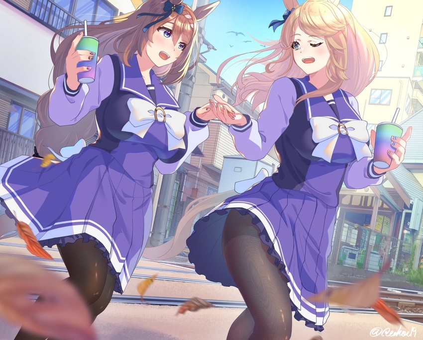 2girls animal_ears bird black_pantyhose blonde_hair blue_bow blue_eyes blush bow bowtie breasts brown_hair building city commentary_request cup day disposable_cup falling_leaves feet_out_of_frame fine_fabric_emphasis frilled_skirt frills gold_city_(umamusume) grey_eyes hair_between_eyes hairbow holding holding_cup holding_hands horse_ears horse_girl horseshoe_ornament large_breasts leaf long_bangs long_hair long_sleeves looking_at_another looking_to_the_side medium_bangs multiple_girls nail_polish one_eye_closed open_mouth outdoors pantyhose pleated_skirt purple_shirt purple_skirt railroad_tracks reihou19 school_uniform shirt skirt smile standing super_creek_(umamusume) teeth tracen_school_uniform twitter_username umamusume upper_teeth_only utility_pole very_long_hair walking white_bow white_bowtie winter_uniform