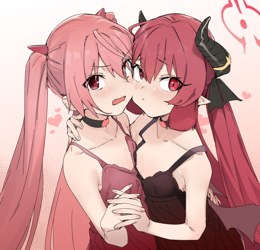 2girls :< bare_arms bare_shoulders black_dress blue_archive blush brown_background brown_wings closed_mouth collarbone commentary_request crossover curled_horns dress eyes_visible_through_hair gradient_background hair_between_eyes heart hidan_no_aria highres holding_hands horn_hair_ornament horns interlocked_fingers junko_(blue_archive) kanzaki_h._aria long_hair looking_at_viewer low_wings multiple_girls oerba_yun_fang open_mouth pink_hair pointy_ears red_dress red_eyes red_hair revision sleeveless sleeveless_dress twintails uno_ryoku very_long_hair white_background wings