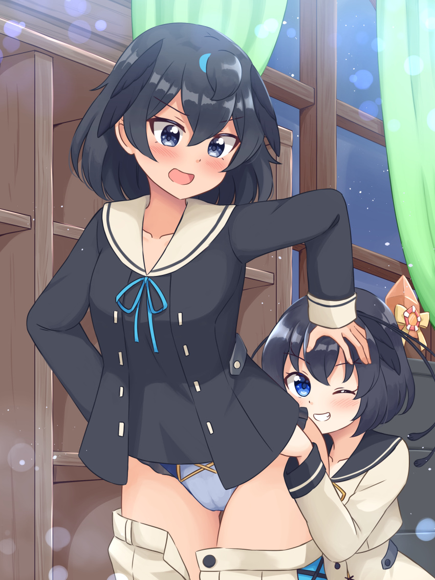 2girls absurdres black_hair black_sailor_collar black_shirt blue_eyes blue_panties blush bob_cut clothes_pull collared_shirt commentary_request commission cropped_jacket frown grin hand_on_another's_head high-waist_skirt highres indoors jacket kemono_friends long_sleeves looking_at_another looking_at_viewer looking_back multiple_girls night one_eye_closed open_mouth panties panty_pull partial_commentary pulling_another's_clothes sailor_collar shiraha_maru shirt short_hair skeb_commission skirt skirt_pull smile squatting standing superb_bird-of-paradise_(kemono_friends) thigh_gap underwear western_parotia_(kemono_friends) white_jacket white_skirt window yuri