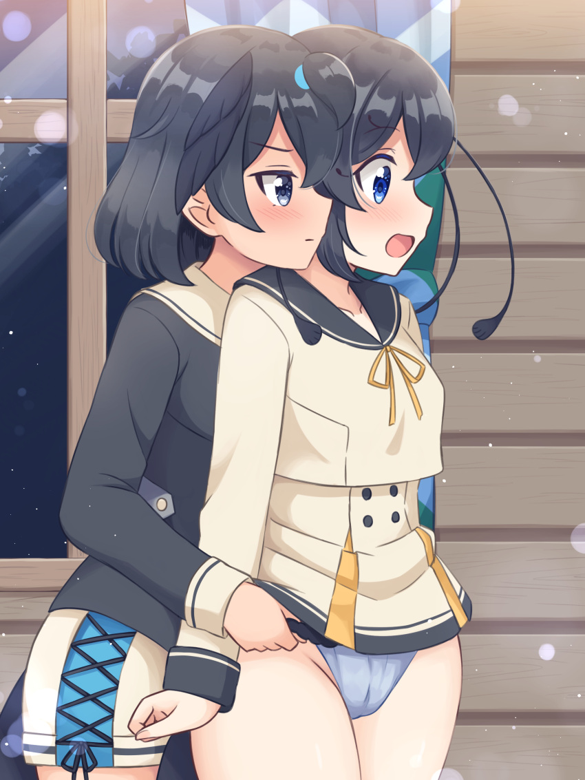 2girls absurdres black_hair black_shirt blue_eyes blue_pants blue_sailor_collar blush bob_cut closed_mouth clothes_lift commentary_request commission cropped_jacket frown high-waist_skirt highres indoors jacket kemono_friends lifting_another's_clothes long_sleeves multiple_girls night open_mouth panties pants panty_pull partial_commentary pleated_skirt pulling_another's_clothes sailor_collar shiraha_maru shirt short_hair skeb_commission skirt skirt_lift standing superb_bird-of-paradise_(kemono_friends) underwear western_parotia_(kemono_friends) white_jacket white_skirt window yuri