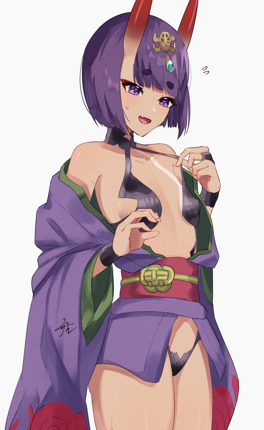 absurdres bare_shoulders blush breasts collarbone eyeliner fate/grand_order fate_(series) female headpiece highres horns izanaware_game japanese_clothes kimono long_sleeves makeup oni open_mouth purple_eyes purple_hair purple_kimono revealing_clothes short_hair short_kimono shuten_douji_(fate) skin-covered_horns small_breasts smile solo wide_sleeves