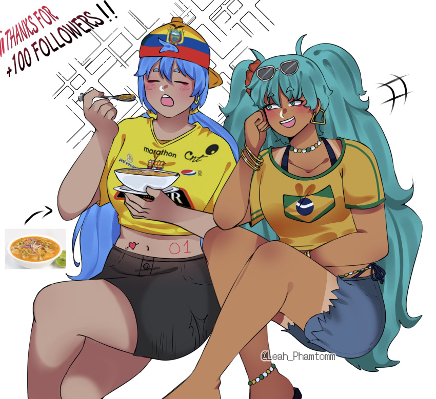 2girls anklet aqua_eyes aqua_hair bead_choker belly_chain black_skirt blue_hair bowl bracelet brazil brazilian_flag brazilian_flag_print brazilian_miku closed_eyes ecuador ecuadorian_flag_print eyewear_on_head feet_out_of_frame food grey-framed_eyewear hatsune_miku highres holding holding_bowl holding_spoon jewelry leah_phamtomm long_hair multiple_bracelets multiple_girls print_headwear print_shirt rectangular_earrings shirt short_sleeves shorts_tan skirt soup spoon sunglasses tan tanlines twintails very_long_hair vocaloid yellow_shirt