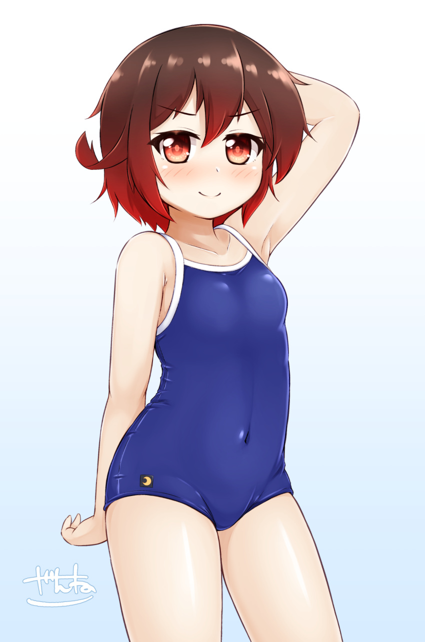 blue_background blue_one-piece_swimsuit blush breasts brown_eyes brown_hair collarbone competition_school_swimsuit cowboy_shot crescent female gradient_background gradient_hair highres kantai_collection looking_at_viewer multicolored_hair mutsuki_(kancolle) new_school_swimsuit one-piece_swimsuit red_hair school_swimsuit short_hair signature small_breasts smile solo swimsuit zanne