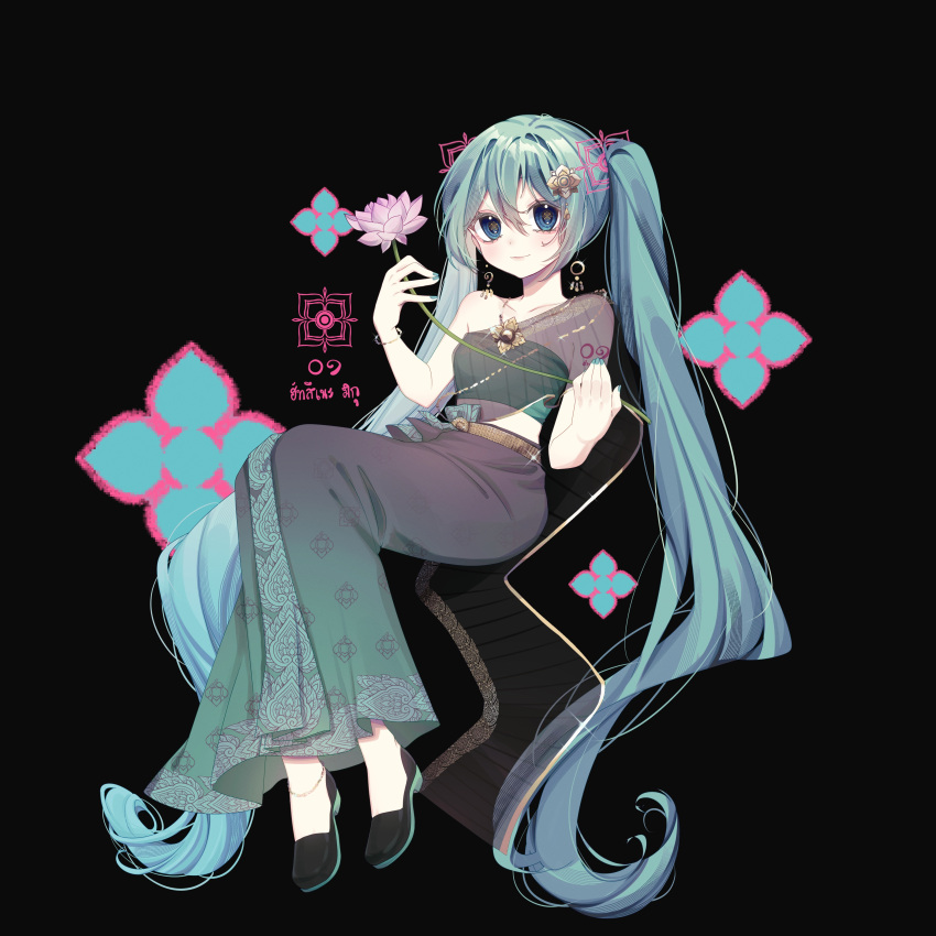 absurdres aqua_hair black_background black_skirt blue_eyes closed_mouth crop_top earrings female green_skirt hair_ornament hatsune_miku highres jewelry long_hair long_skirt looking_at_viewer midriff nounonovember skirt smile solo thai_clothes thai_text thailand twintails very_long_hair vocaloid