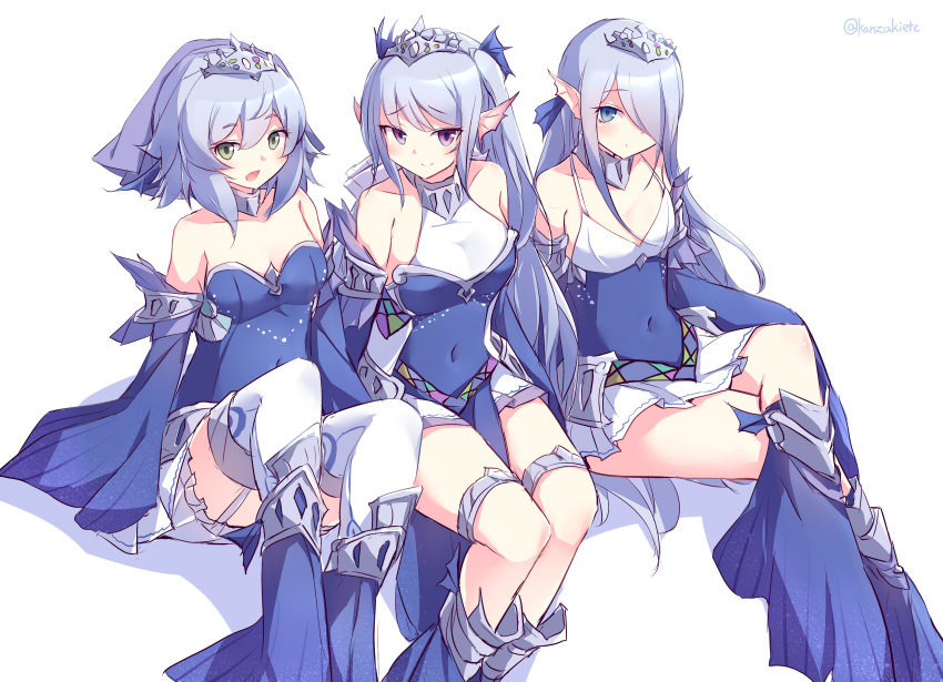 3girls absurdres bare_legs blue_dress blue_eyes covered_navel crossed_legs dress duel_monster fins green_eyes head_fins highres jewelry kanzakietc long_hair long_sleeves looking_at_viewer multiple_girls purple_eyes short_hair sitting skirt sleeves_past_wrists smile tearlaments_havnis tearlaments_merrli tearlaments_scheiren thighhighs thighlet two_side_up white_hair white_skirt yu-gi-oh!