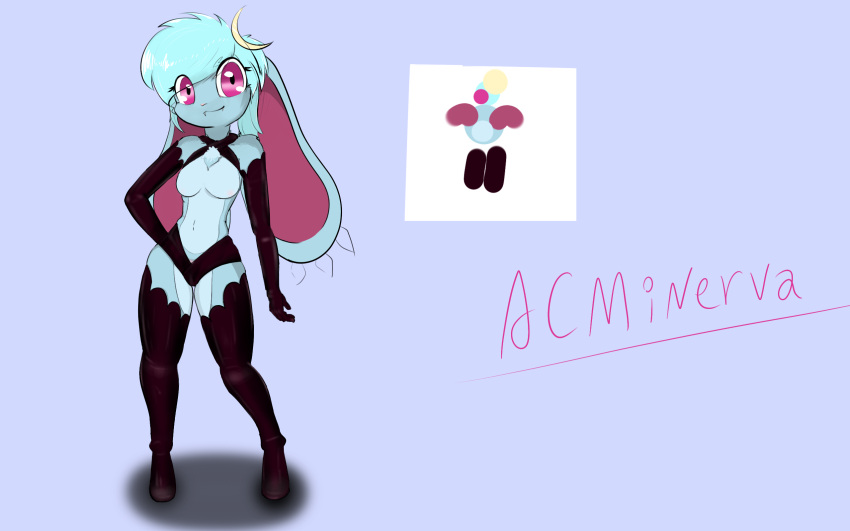 16:10 acminerva anthro blue_body blue_fur blue_hair breasts clothing exposed_breasts female footwear front_view fur hair hi_res lagomorph legwear looking_at_viewer mammal markings milyreon_minerva(acminerva) moon_(marking) pink_eyes signature socks solo standing stockings widescreen