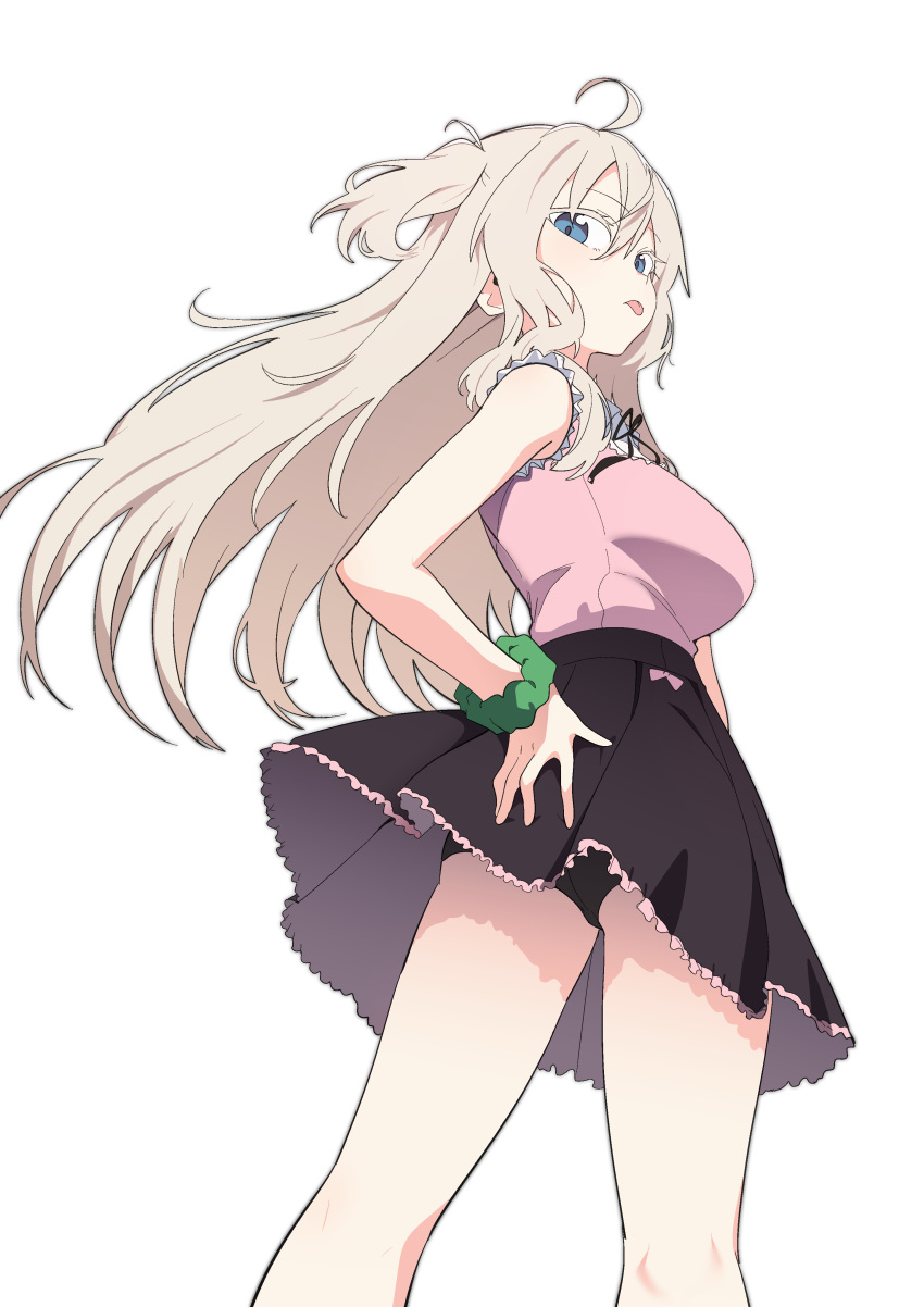 absurdres ahoge black_panties black_skirt blue_eyes blush breasts bural_chingu female hair_between_eyes hand_on_own_hip highres korean_commentary large_breasts long_hair looking_at_viewer luke_(dydansgur) panties pantyshot park_noah scrunchie simple_background skirt sleeveless solo tongue underwear white_background wrist_scrunchie