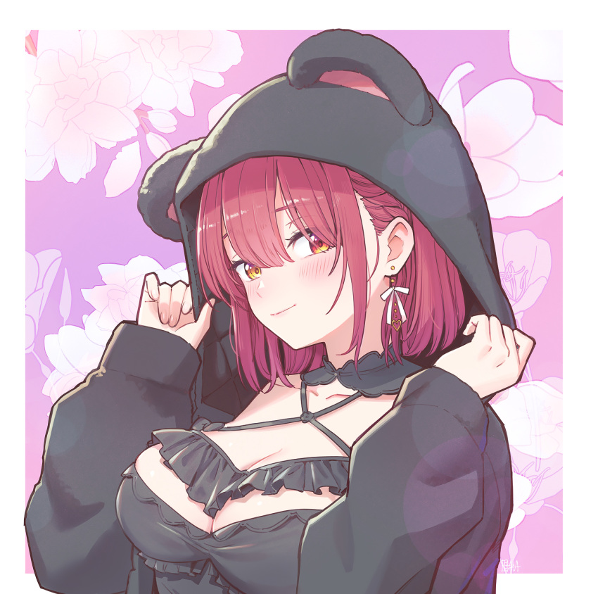 a-ka adjusting_hood animal_ears animal_hood bear_ears bear_hood black_collar black_hoodie black_nightgown blush breasts cleavage closed_mouth collar collarbone commentary_request earrings female fingernails floral_background hands_up heart heart_earrings heterochromia highres hololive hood hoodie houshou_marine houshou_marine_(8th_costume) jewelry large_breasts long_sleeves looking_at_viewer medium_hair nightgown official_alternate_costume official_alternate_hairstyle pink_background red_eyes red_hair ribbon ribbon_earrings signature sleeves_past_wrists smile solo upper_body virtual_youtuber white_background white_ribbon yellow_eyes